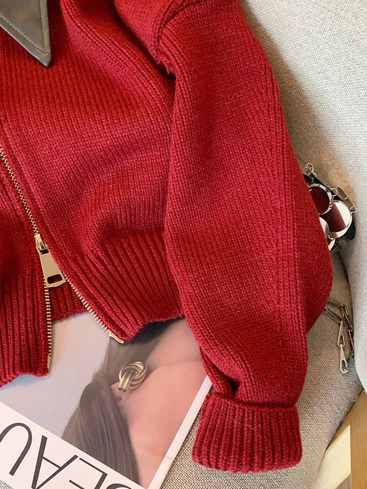 Harajuku Red Cashmere Top Turn-Down Collar Cozy Sweater Knitted Cardigans Gyaru Korean Autumn Winter 2000s Aesthetic High Street