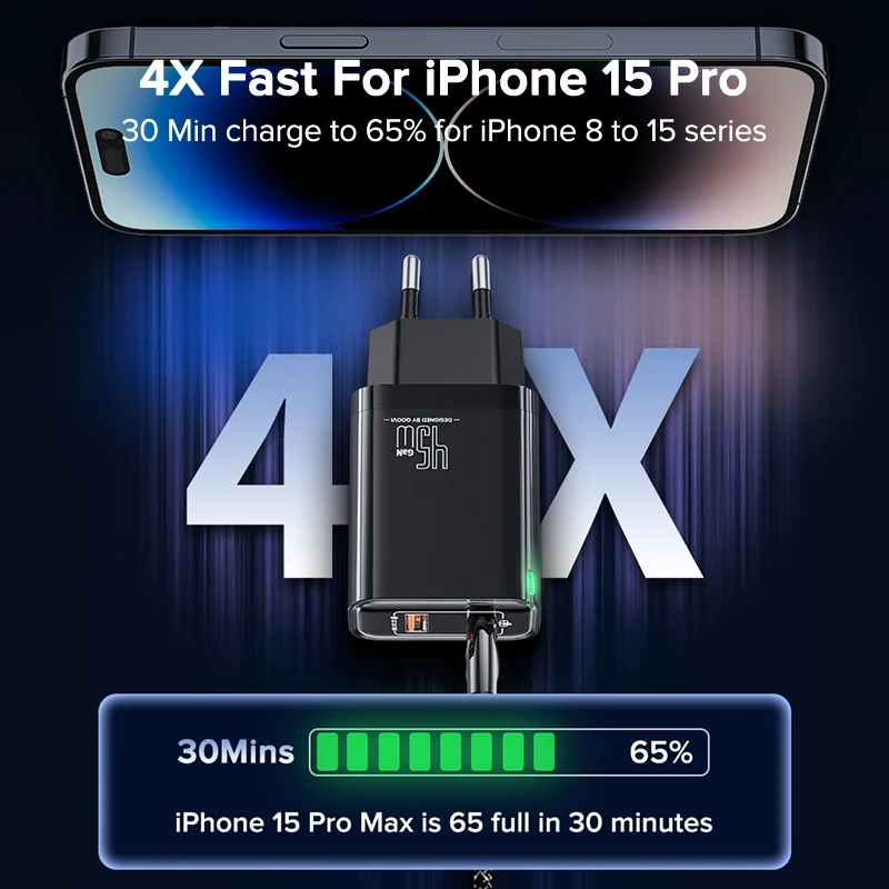 QOOVI GaN 고속 충전 USB C 타입 벽 충전기, PD QC3.0 고속 충전, 아이폰 삼성 S23 S21 노트북 태블릿용, 45W 전면 이미지