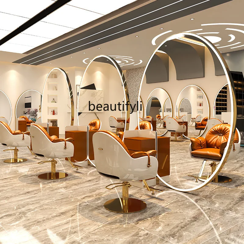 Barber Shop Hair Salon Oval Mirror Hair Salon Dressing Table Single Double-Sided Floor Mirror Barber Shop Mirror