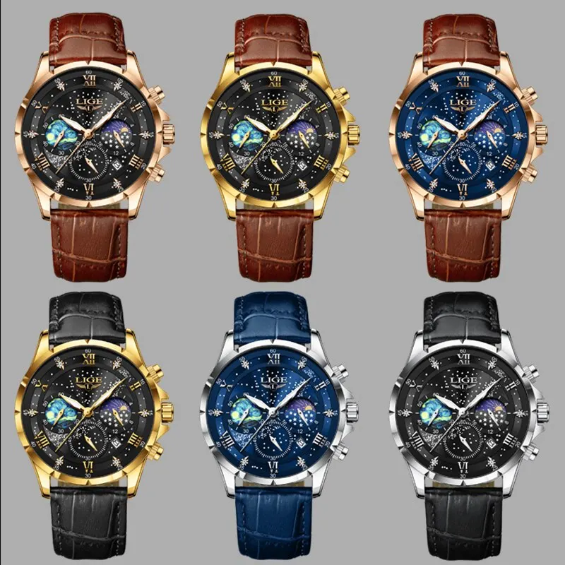 LIGE 2024 Top Luxury Brand Men Genuine Leather Sports Watches Men\'s Army Military Watch Male Date Quartz Clock Relogio Masculino