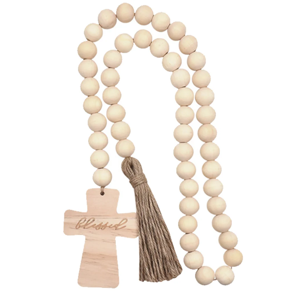 

Wood Bead Garland Tassel Cross Rustic Tiered Tray Ornament Party Home Thanksgiving Decoration Wooden Hanging Beads Garland