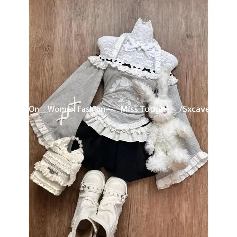 Japanese Kawaii Lolita Suits Female Casual Vintage Y2k 2 Piece Skirt Sets Evening Party Clothing Long Sleeve Sweater Chic