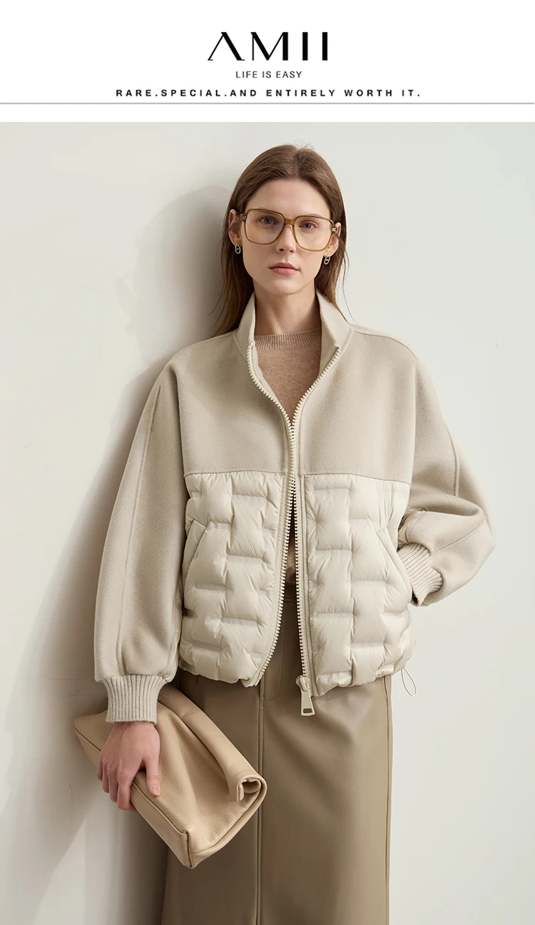 AMII Down Coats 100% Wool Stand Collar Loose Spliced Jackets for Woman 2024 Winter Warm New Casual Versatile Jacket 12454007