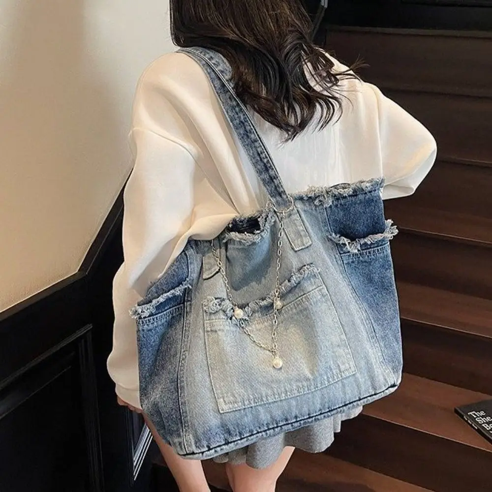 

Cute Korean Style Denim Shoulder Bag Simple Retro Canvas Tote Bag Solid Color PU Leather Handbag Travel