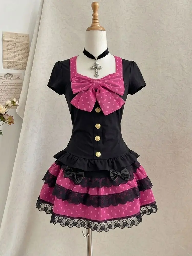 

Summer Sweet Kawaii Elegant 2 Piece Set Womne Y2k Polka Dot Design Vintage Mini Skirt Suit Female Chic Korean Popular Clothes