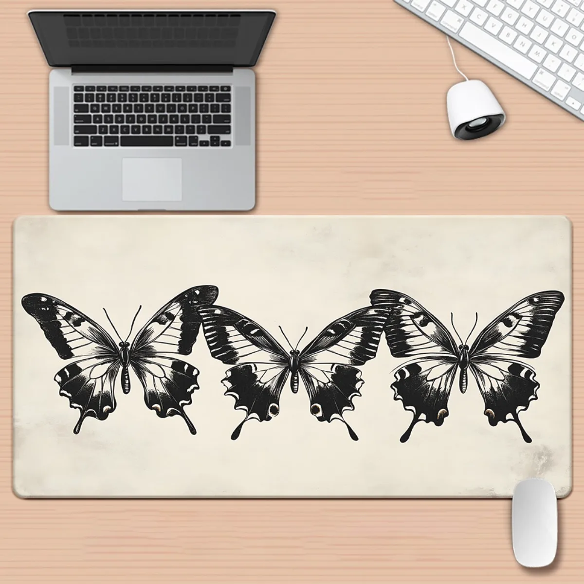 Butterfly Illustration Desk Mat Black and White Vintage Mouse Pad Gaming Keyboard Pad Non-Slip Rubber Office Accessory