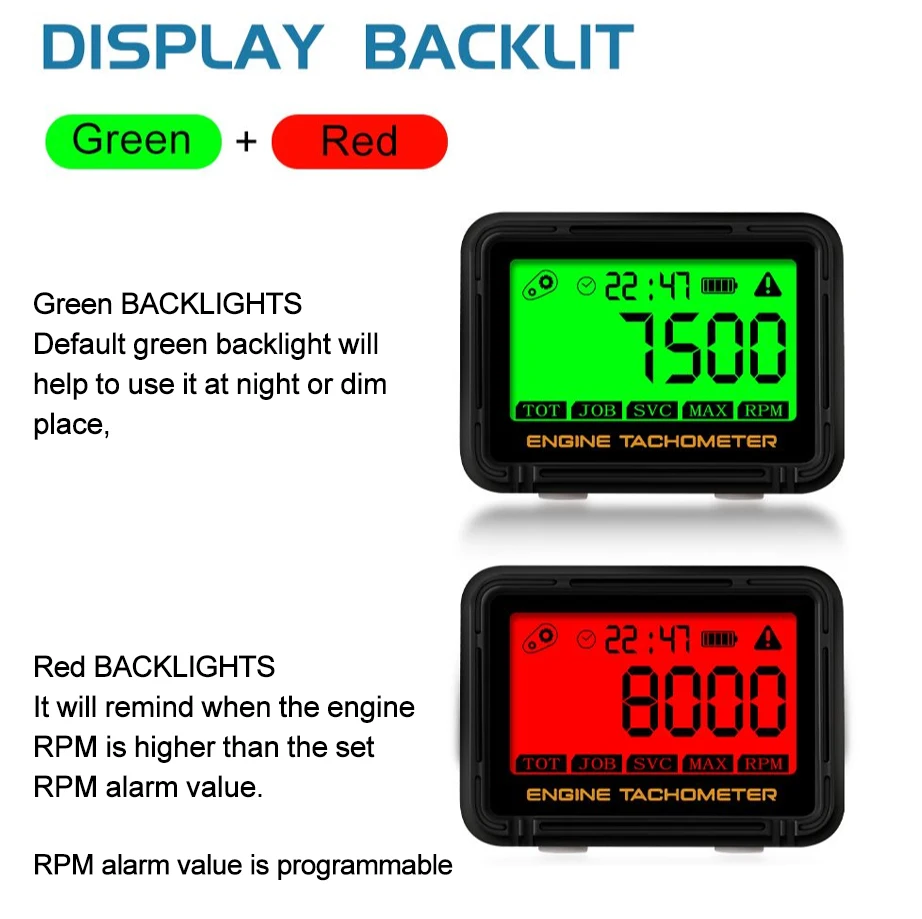 Moto Tachometer Hour Meter Motorcycle ATV Lawn Mower Engine Gauge SVC TOT JOB Engine Hour Meter Gauge Backlight Resettable RPM - Image 3