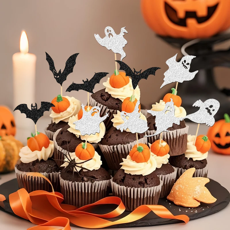 NUBECOM 24 Stück Halloween-Kuchenaufsätze, glitzernde Geister- und Fledermaus-Cupcake-Topper, Geburtstagskuchen-Dekoration, Halloween-Party-Kuchendekoration – Detail 9