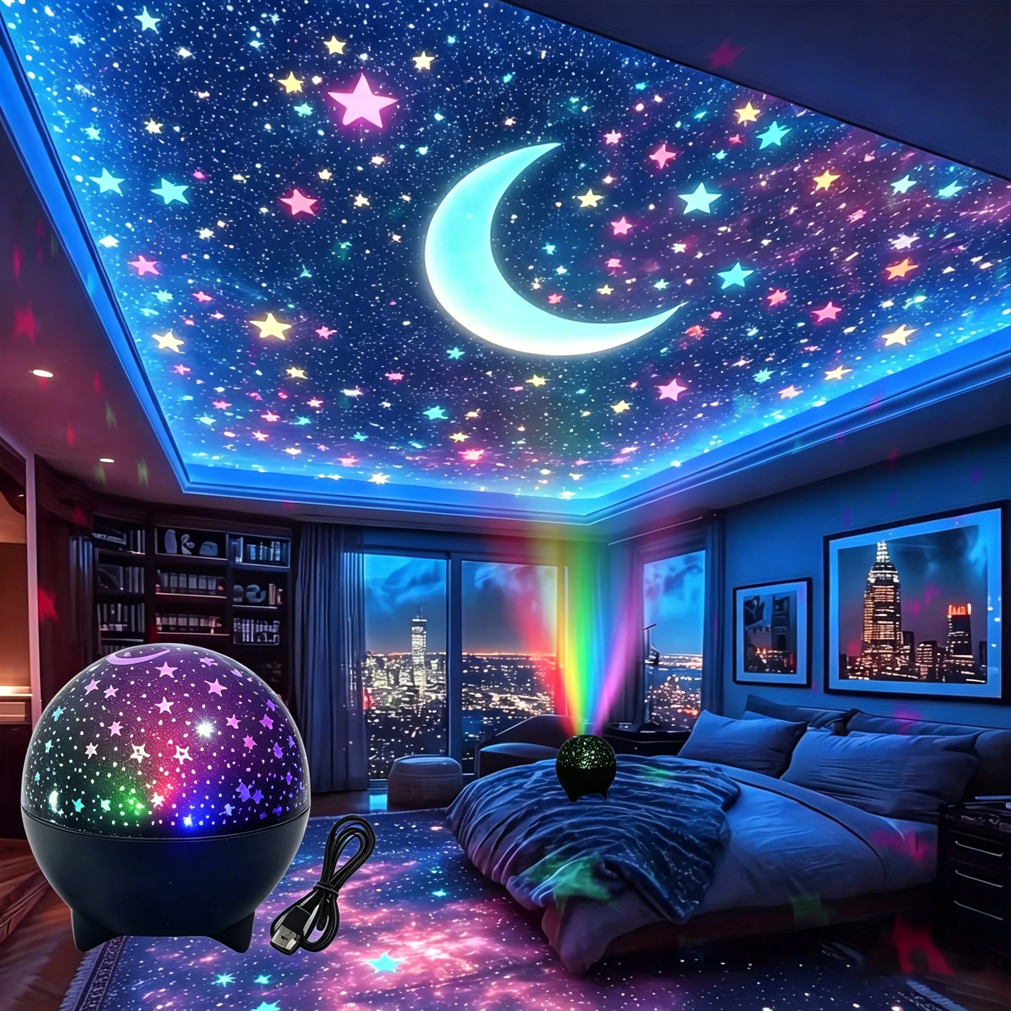 LED Night Light Starry Sky Galaxy Moon Projector Light Auto RGB Changing Color USB 5V Ambient Light for Room Birthday Party Gift