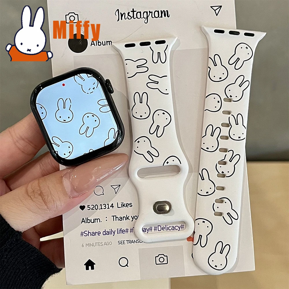 Kawaii Miffy silicona Iwatch S1/2/3/4/5/6/7/8/9/10/SE/Ultra 1/2 Linda correa de reloj todo estampado de conejo Apple IWatch regalo para niña