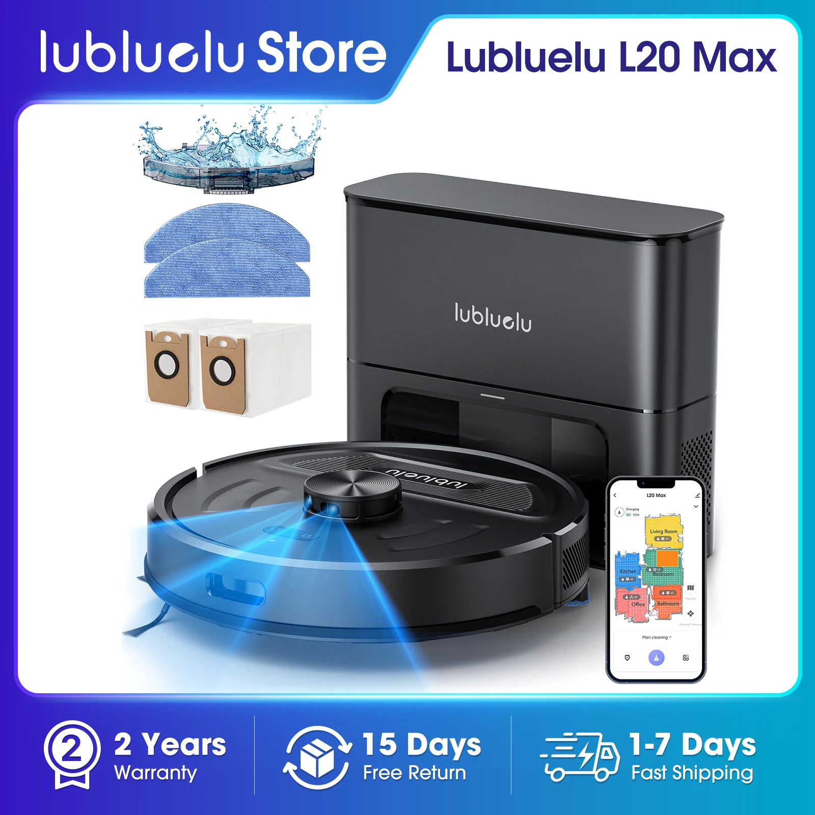 Lubluelu L20Max Robot aspirateur 3 en 1 auto-svuant - Aspirateur 6000 Pa LiDAR Navigation Grand sac à poussière mains libres 120 minutes d'autonomie