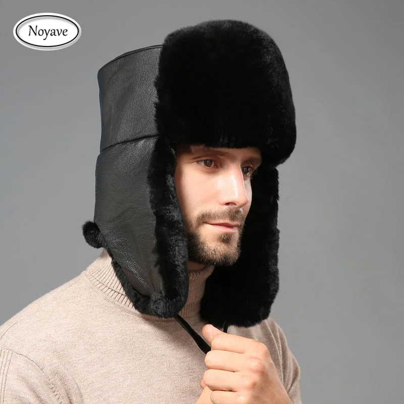 2024 Winter Bomber Hat Ushanka Hat Men Pilot Aviator Bomber Trapper Hat Real Fur Woll Leather Snow Cap With Ear Flaps Pilot Hat