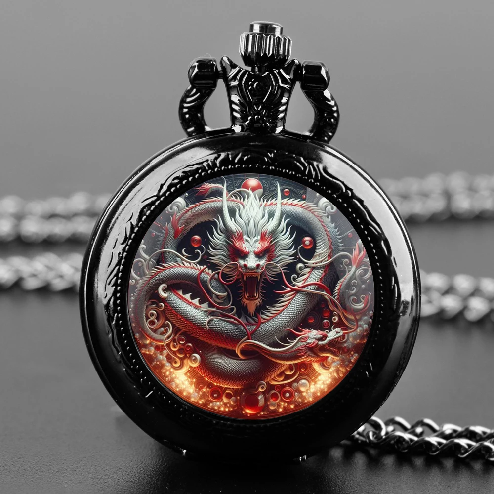 Vintage Cool Dragon Design Quartz Pocket Watch Necklace Pendant Ideal Gift for Men & Women and Kids Pendant Birthday Gift