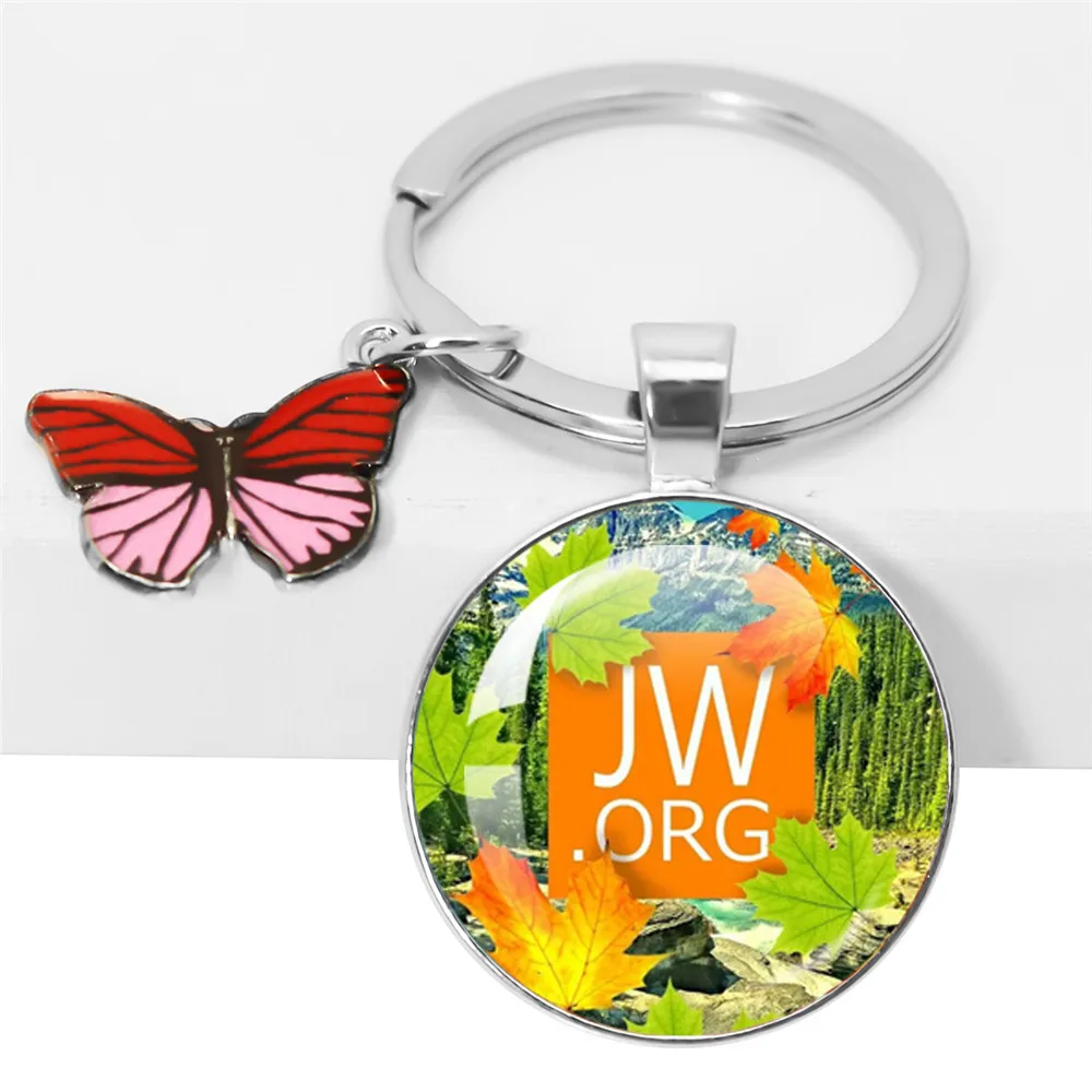 Jw.Org Keychain Jehovah\'S Witness Butterfly Flowers Art Printed Photo Metal Glass Pendant Keychain Butterfly Accessories Jewelry