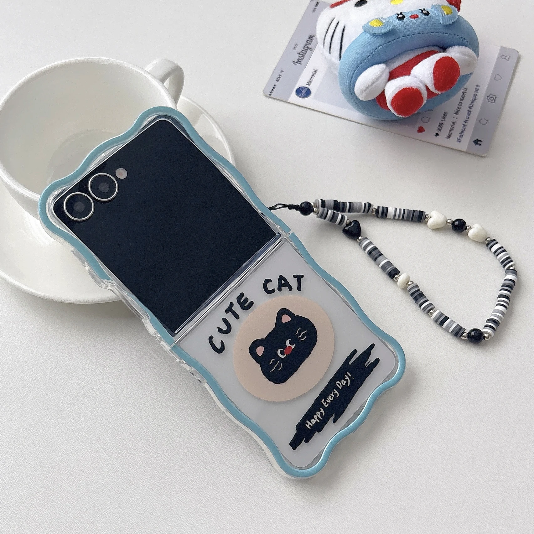 Korean English Cat Phone Case For Samsung Galaxy Z Flip7 6 5 4 3 Cover With Lanyard Wave Phone Cover For Z Flip7 Flip6 Phon Case