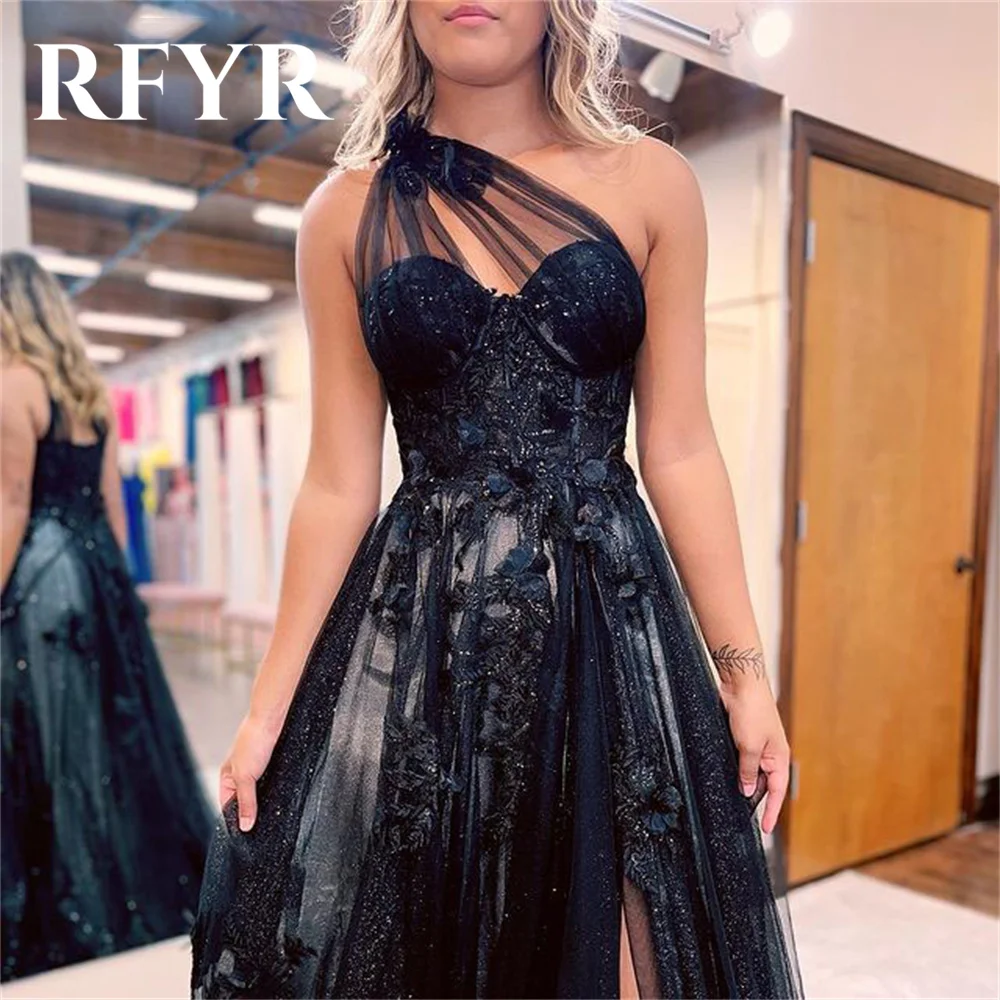 RFYR  Tulle A-line Prom Dress Dark Blue Evening Dress Sexy One Shoulder Side Split فستان سهرة Princess Party Dresses Customized