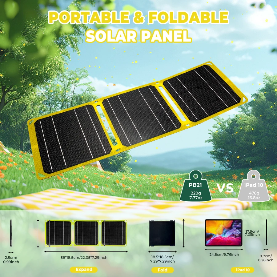 21W Foldable Solar Panel Charger with USB-C and USB-A Outputs for Phones, Power Banks, Tablets - Waterproof for Camping, Hiking