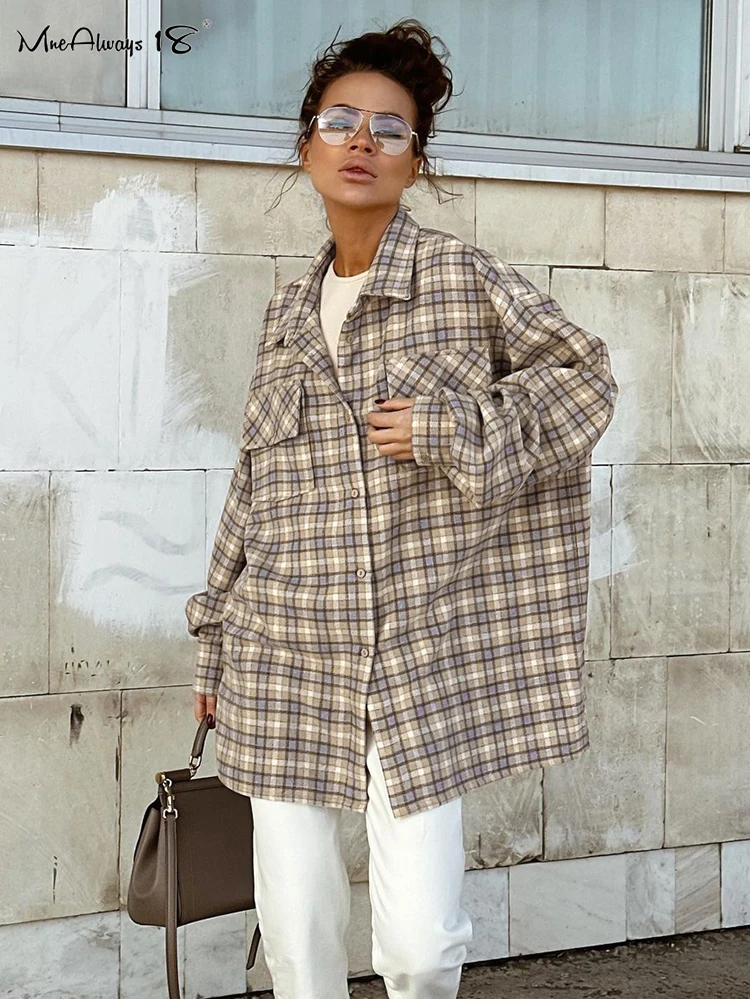 

Mnealways18 Khaki Shacket Oversized Shirts Womens Dropped Shoulder Plaid Outwear Street Style Pockets Casual Coats Autumn 2024