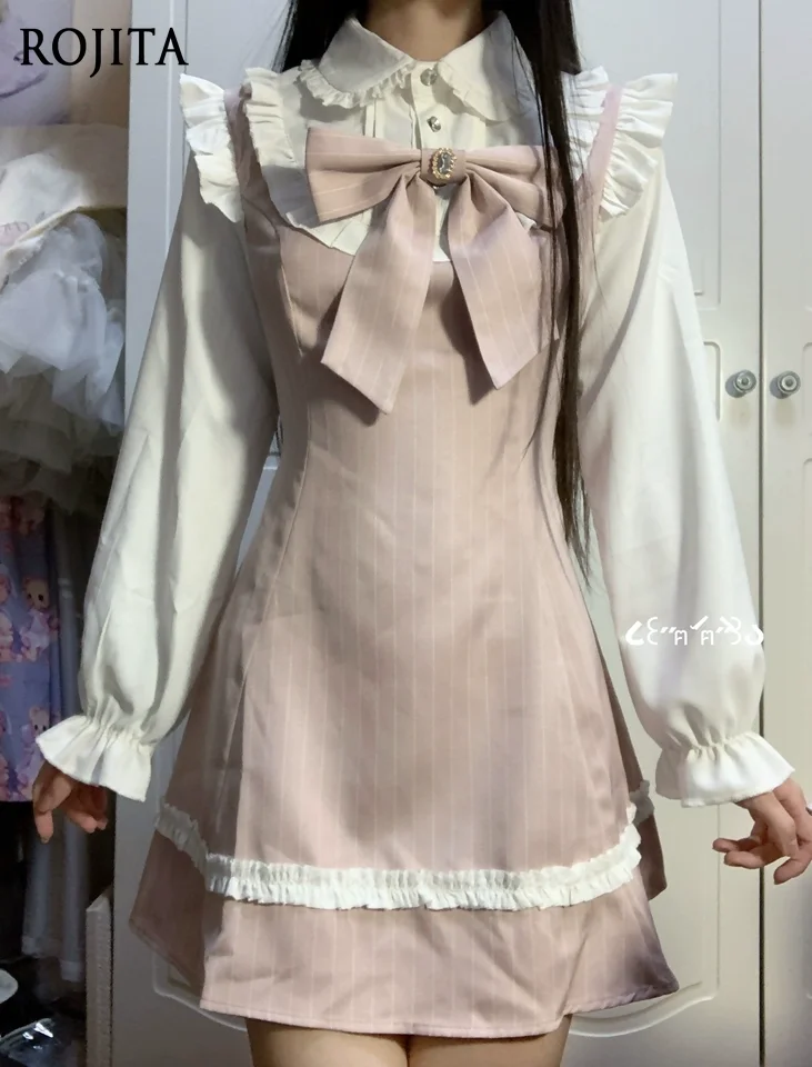 Sweet Lapel Long-sleeved Dress Women's Bow Pink Elegant Dress 2026 Spring New Perfect for Daily Wear Sweet Lolita Dress