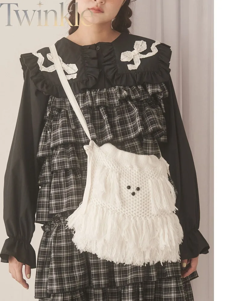 Cute Plush Dog Tassel Crossbody Bag Women Knitted Handbag Shoulder Bag Sweet Ladies Purse
