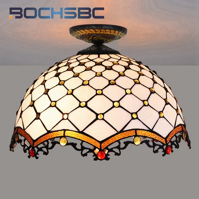 BOCHSBC Tiffany style stained glass White beaded 16inch chandelier ceiling light for dining room bedroom hallway LED decor