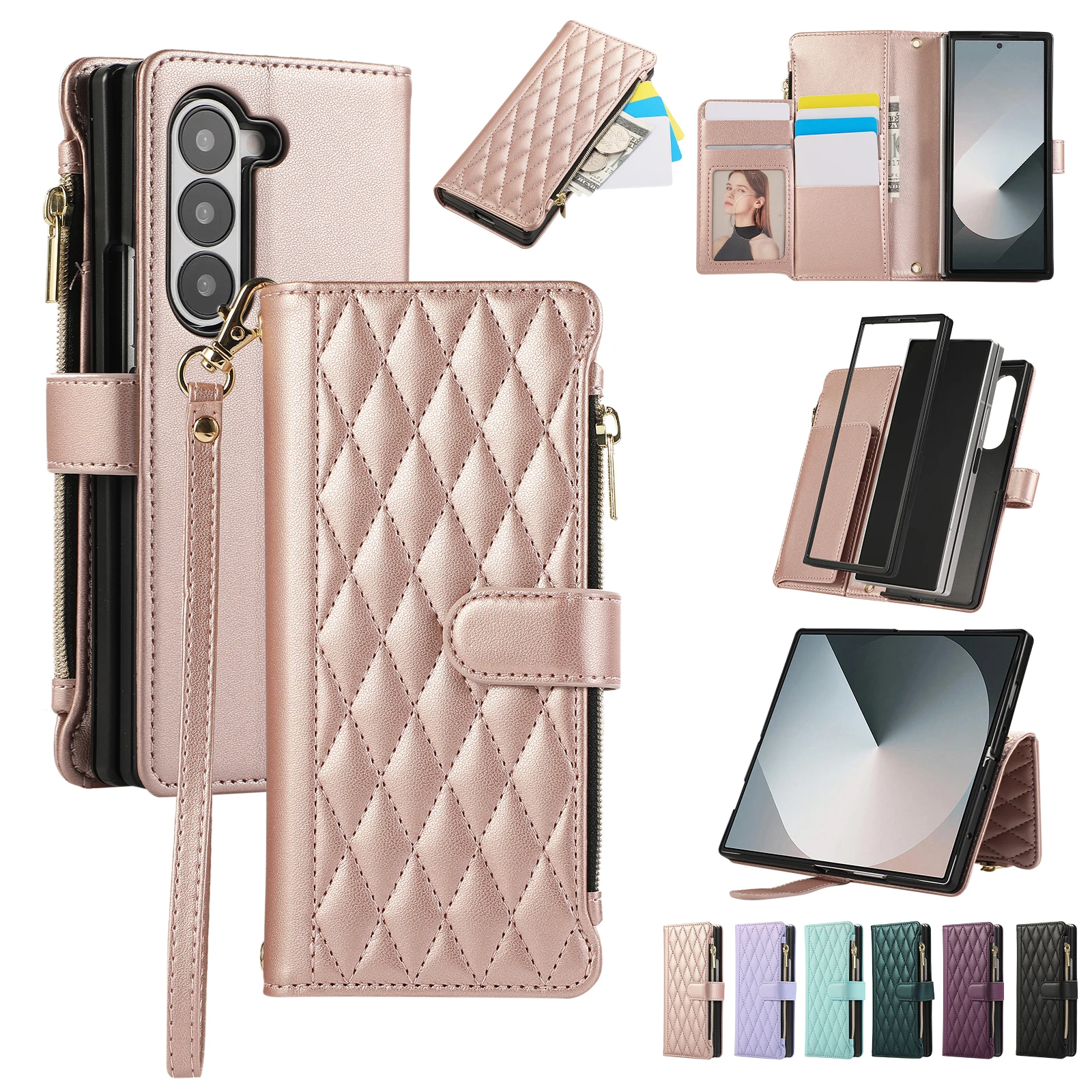

Crossbody Zipper Card Solt Fragrant Leather Wallet Case For Samsung Galaxy Z Fold 6 5 4 3 5G Fold6 Fold5 Bag Lanyard Strap Cover