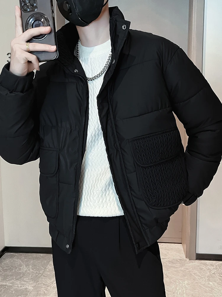 

Winter Thiened Men's down Cotton Jaet Youth Faion Warm Outerwear Versatile Long Sve Zipper Closure Stand Fit Coat