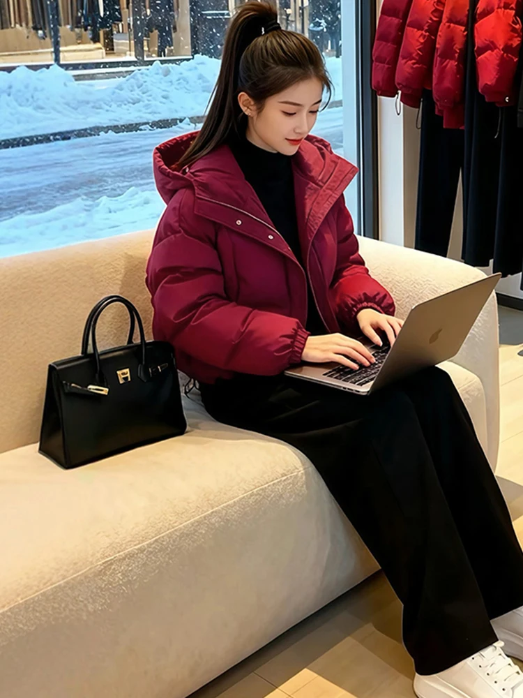 

Красное зимнее пальто для женщин, утепленное, из хлопка, свободного кроя, в корейском стиле, для повседневной носки, с наполнителем из полиэфирного волокна