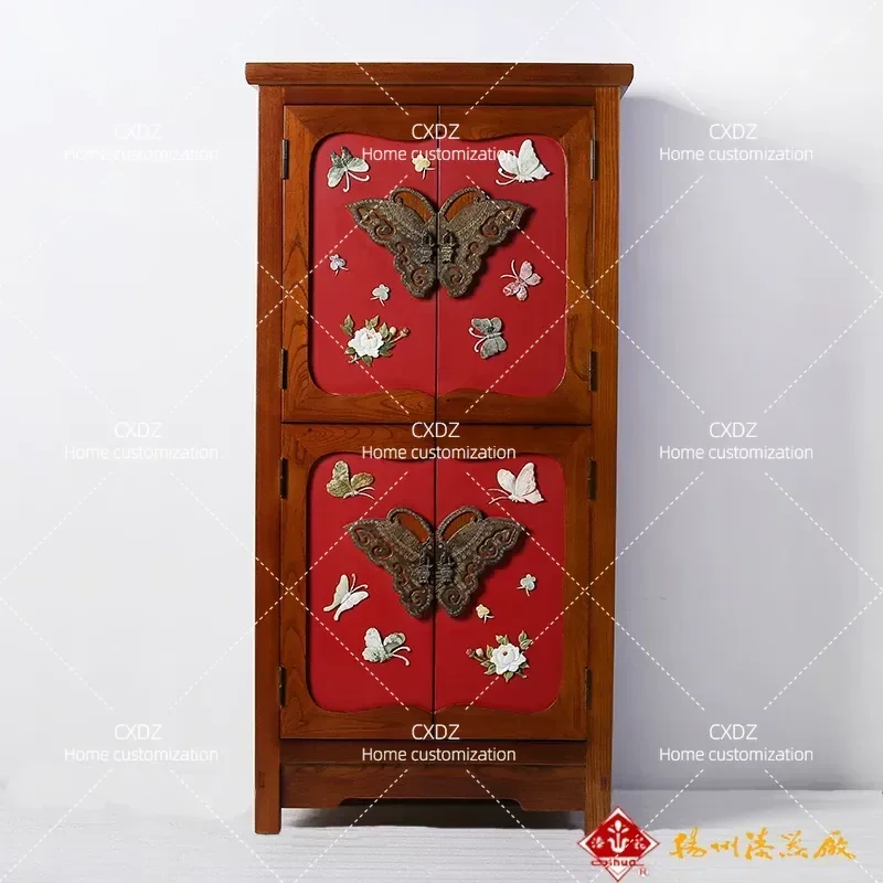 New Chinese Style Lacquer Storage Cabinet Jade Inlay Wall Mounted Locker Large Capacity Deepened Design for Living Room Free