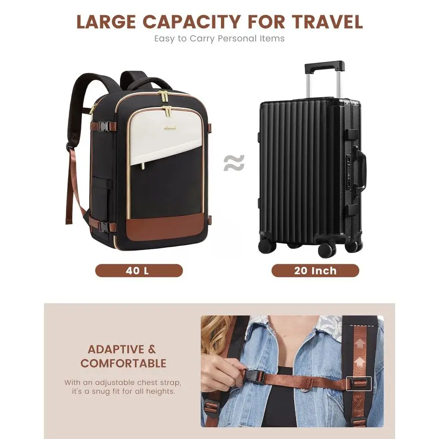 Zaino da viaggio per donna, zaino da trasporto da 40 litri approvato dal volo, borsa per oggetti personali grande per laptop da 17 pollici, bagaglio omologato TSA