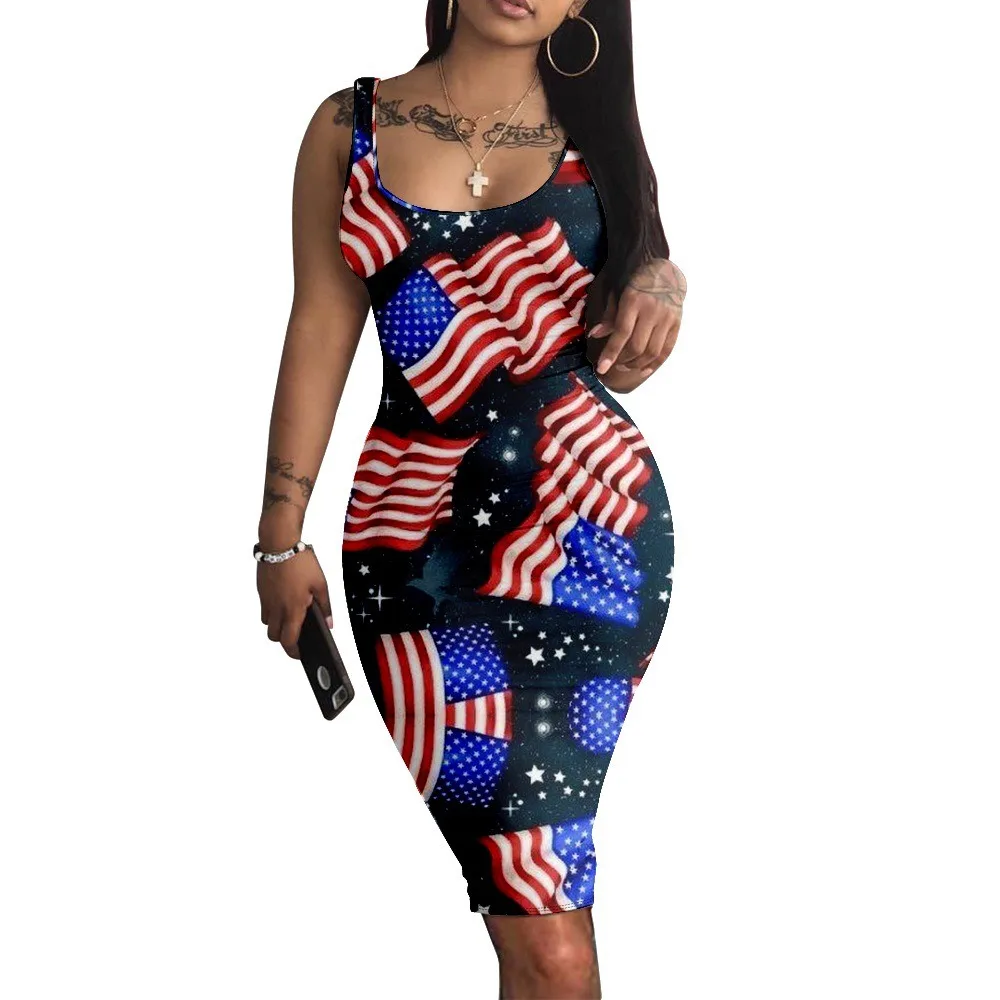 Summer Sleeveless Flag Print Dress Women Streetwear Fashion A-line Slim Dresses 2024 Beach Dress Party Club Robe Vestido Elegant