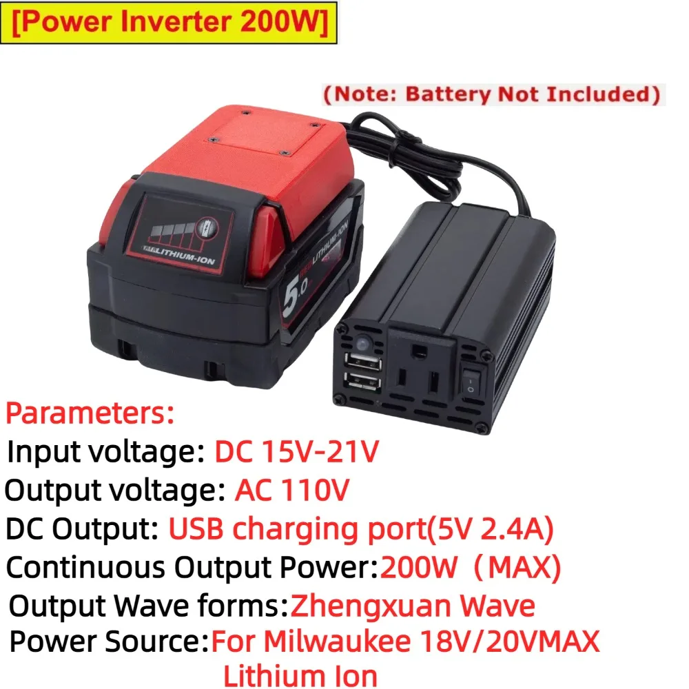 Inversor de corriente de 200W para iones de litio Milwaukee 18V/20VMAX, inversor inalámbrico alimentado por CC de 15-21V a CA 110V con USB Dual 5V