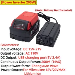 200W Power Inverter for Milwaukee 18V/20VMAX Lithium Ion ,DC 15-21V To AC 110V Powered Cordless Inverter with Dual USB 5V 2.4A