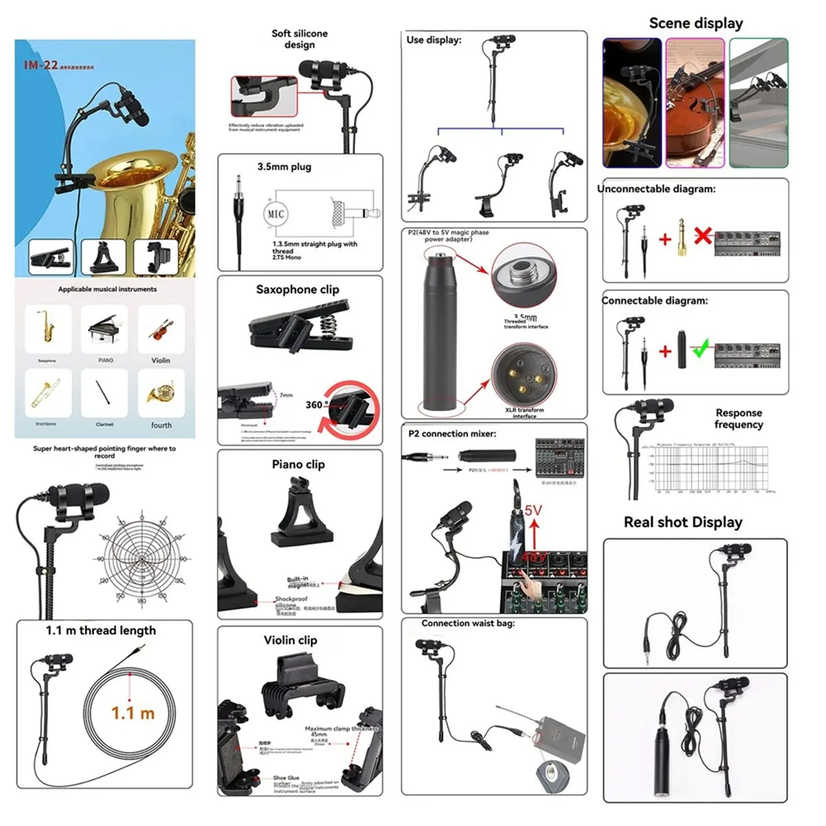 (A26M) Microfone com Fio IM-22 para Saxofone, Violino, Piano, Trompa, Microfone Hipercardióide Mini Portátil para Sax, L3