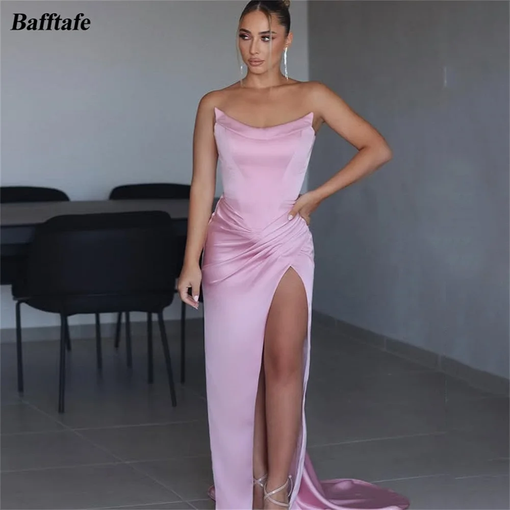 

Bafftafe Simple Trumpet Prom Dresses Women Satin Pleated Formal Evening Gowns Customized Split Wedding Party Bridesmaid Gown