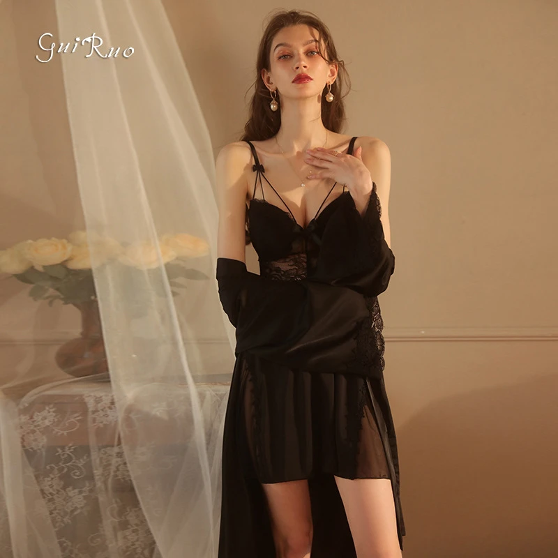 

Women's Lace See-through Temptation Steel Ring Gathered Sexy Pajamas Home Wear New Women's Backless Bra Pad Halter Dress Set Ms.