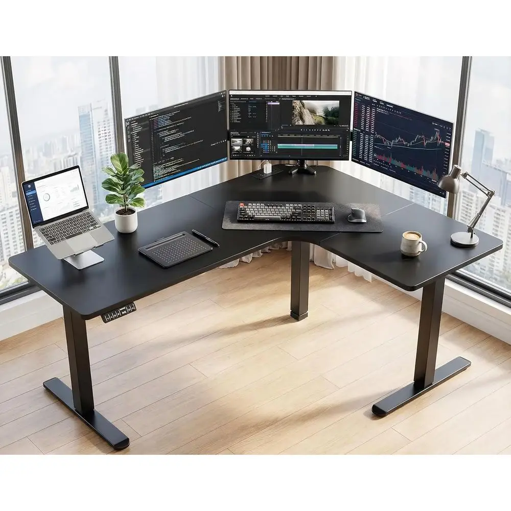 Electric Height-Adjustable L-Shaped Desk with Built-in Outlets and Power Strip Holder, 3 Preset Heights, Black