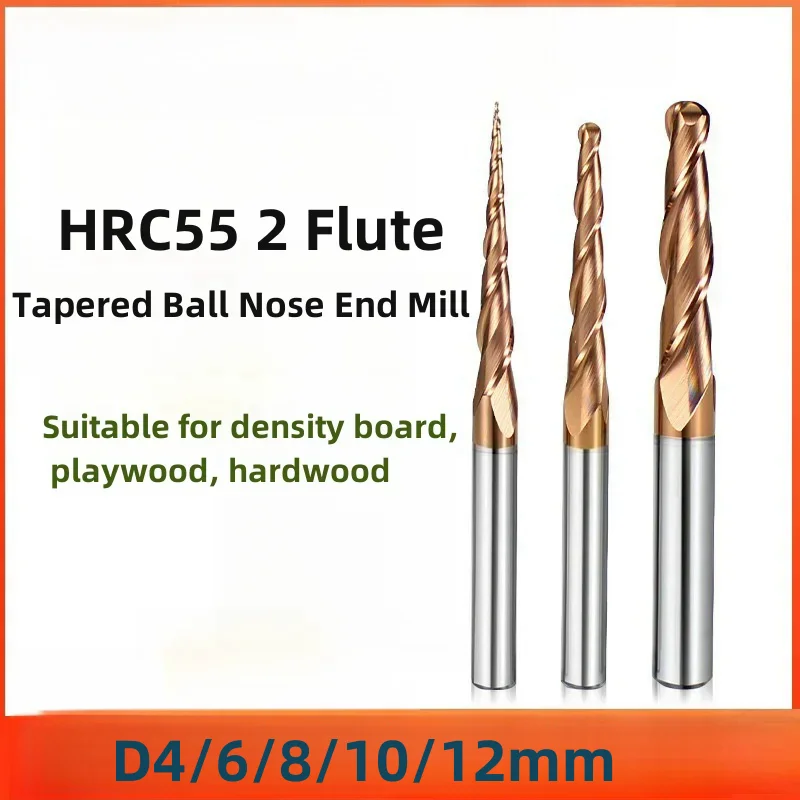 

10PCS HRC55 Tapered Ball Nose End Mill Wood Working 2D 3D Carving Bits Wood Relief 2 Flute Milling Cutter R0.5 0.75 1.5 2 2.5 3