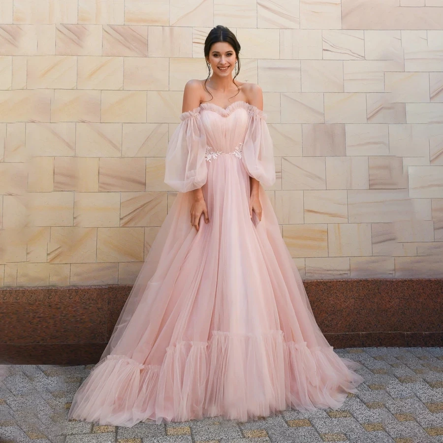 

Sweet Pink Tulle Wedding Dress With Detachable Long Off The Shoulder Sleeves Lace Up Bridal Marriage Evening Gowns Vestido