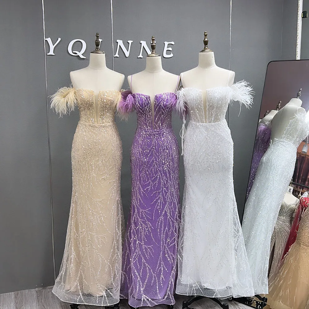 YQLNNE Champagne Feathers Long Prom Dresses Off the Shoulder Beading Tulle Mermaid Party Gown Lace-up