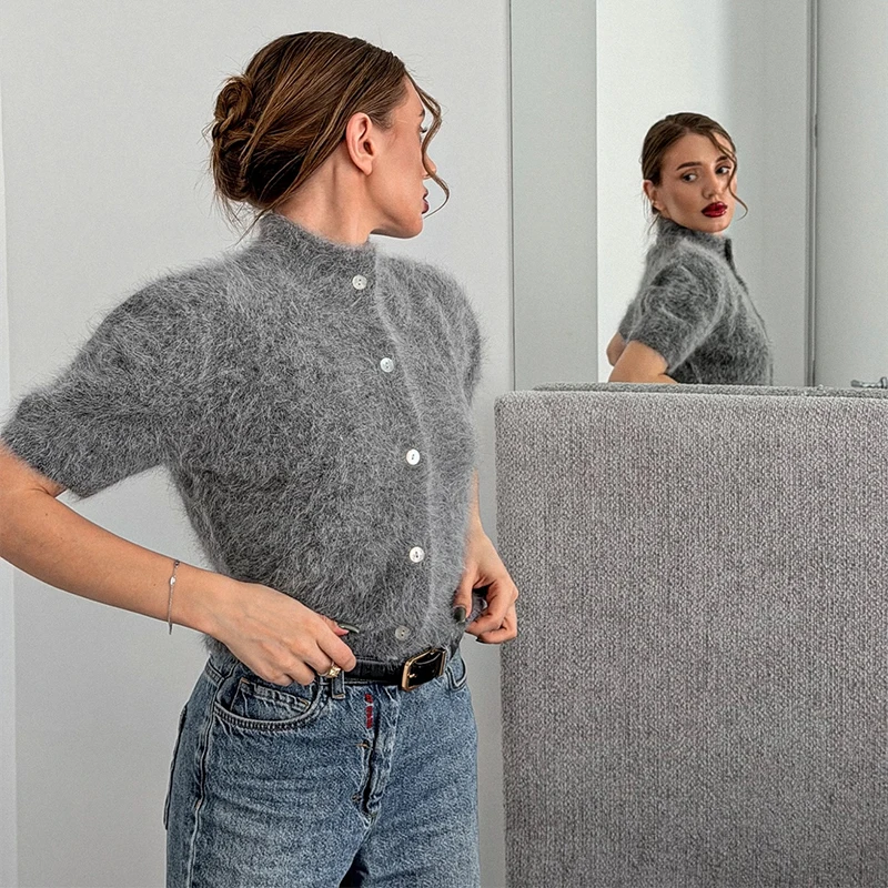 Damen-Strickwaren Plüsch Kurzarm Strickjacke Herbst O-Ausschnitt Einreihig Einfarbig Weiche Strickjacken Schicke Damen-Oberteile – Detail 4