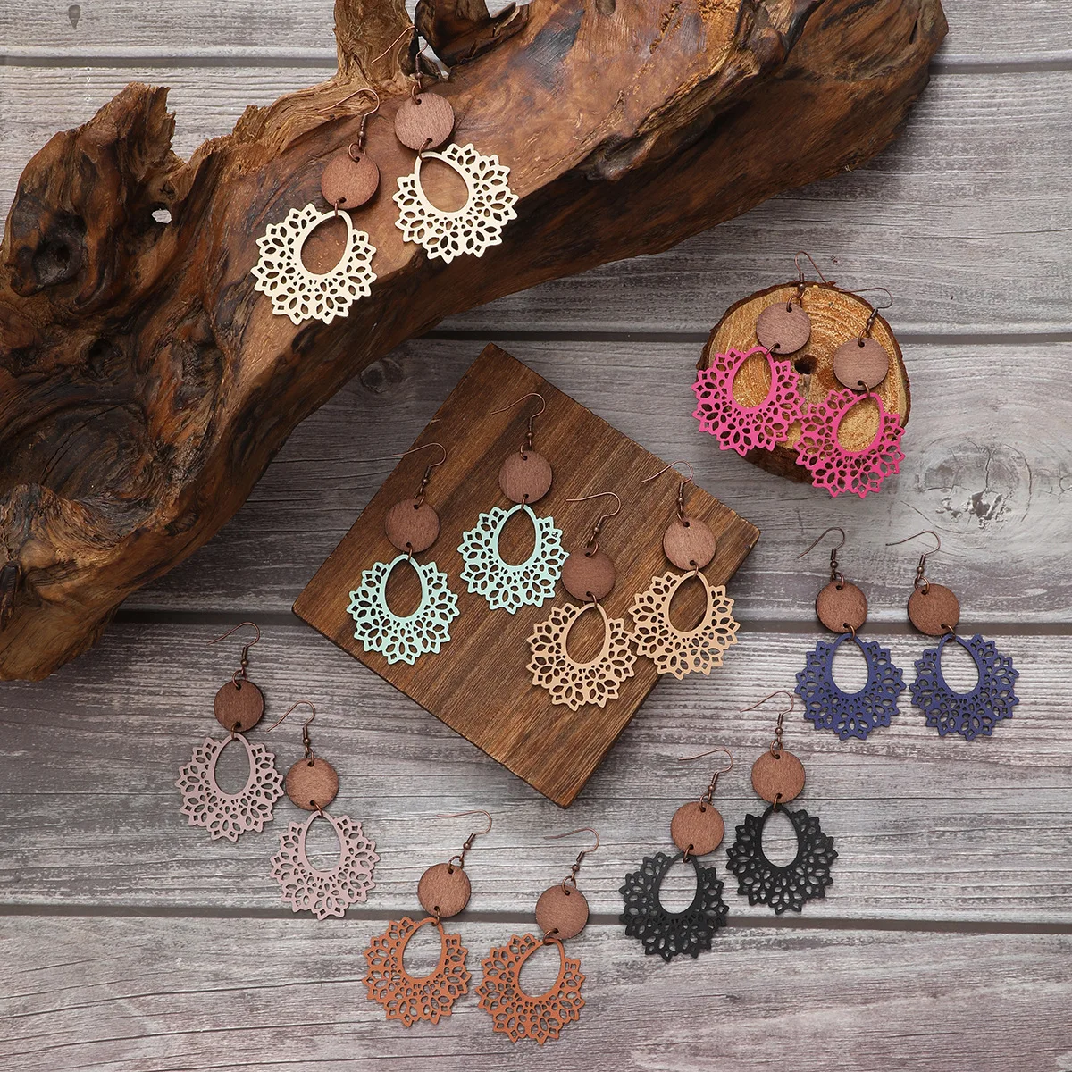 Bohemian Cutout Earrings Irregular Lace Earrings Wooden Earrings for Women Jewelry