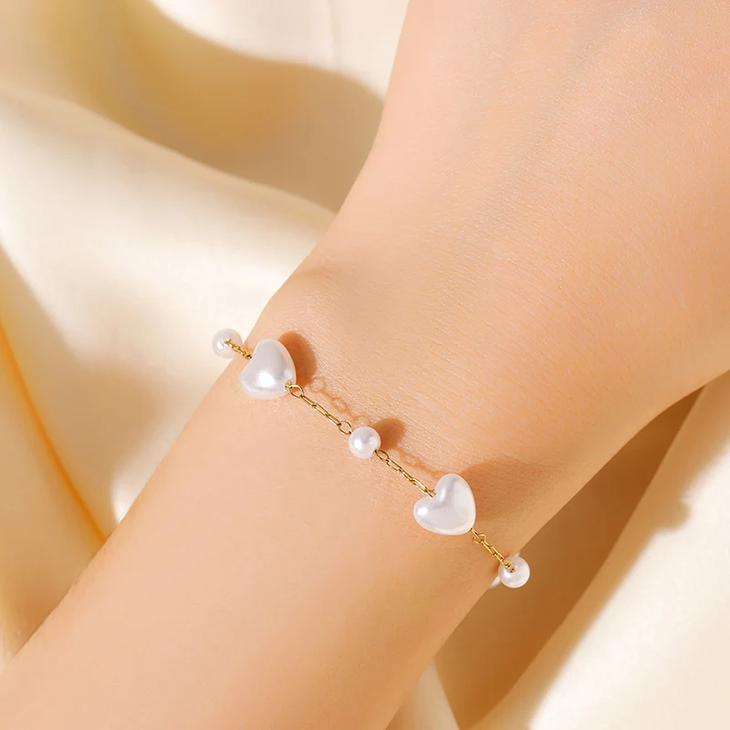 EILIECK 316L Edelstahl Herzförmige Perlenkette Armband-Set Modischer Goldfarbener Wasserdichter Schmuck für Frauen Mädchen Geschenk – Detail 11