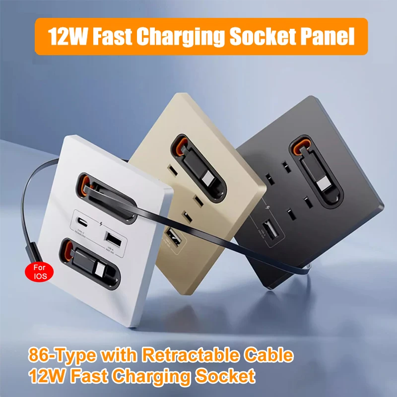 Universal Wall Socket 86-Type With 80cm Retractable Cable 12W Fast Charge Type-C USB Fast Charging for Laptop iPhone Samsung