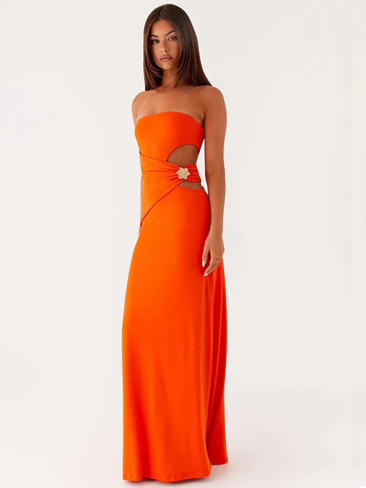 Absobe strapless uitgesneden a-lijn maxi-jurk voor dames mouwloze effen kleur rugloze jurk met metallic sexy elegante feestkleding