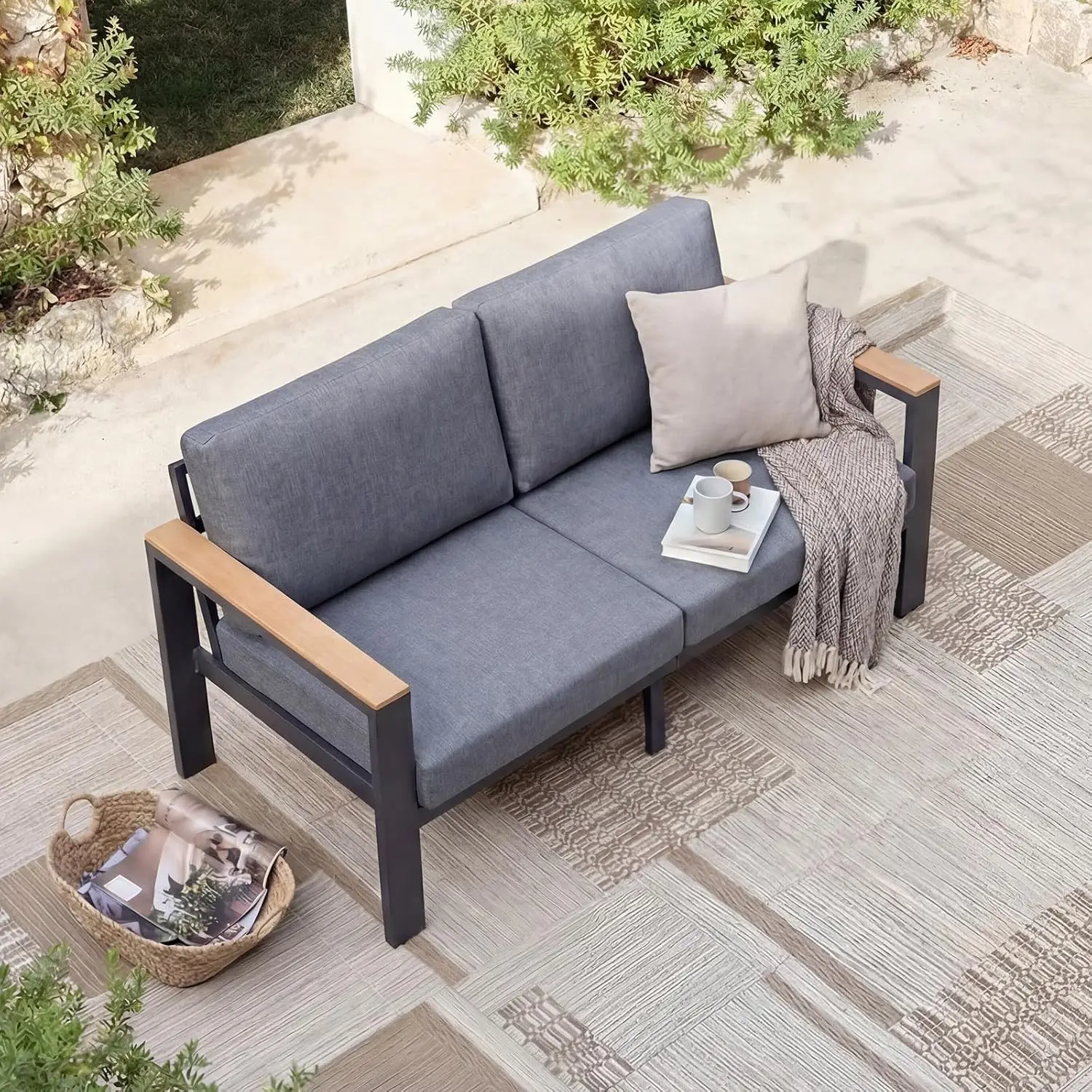 Aluminum Outdoor Loveseat with Non-Slip Feet & High-Density Cushions, Sturdy Frame for Porch Balcony, Customized