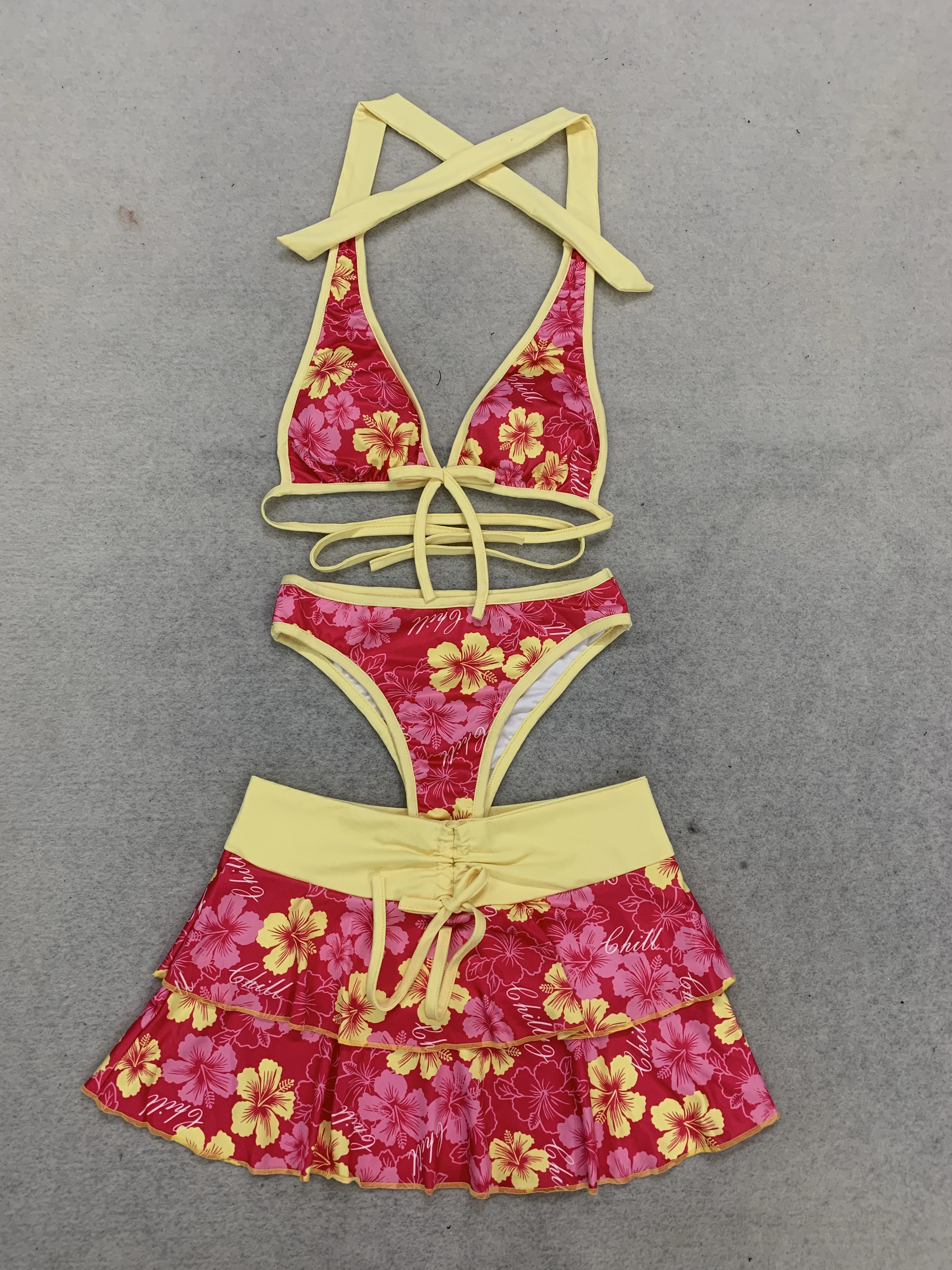 European and American Swimming Pool Seaside Floral Printed Stacked Design Summer Vacation Bikini Set