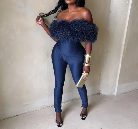 Tute da donna Autunno e inverno Tuta intera con spalle scoperte Collo in pelliccia Patchwork senza maniche Parte elastica Tuta Abbigliamento da donna