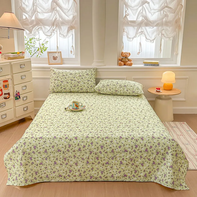 Minimalist Botanical Cartoon Print Flat Bed Sheet Lightweight Washable Bed Linen Decorative Bedding for Daily Sleep