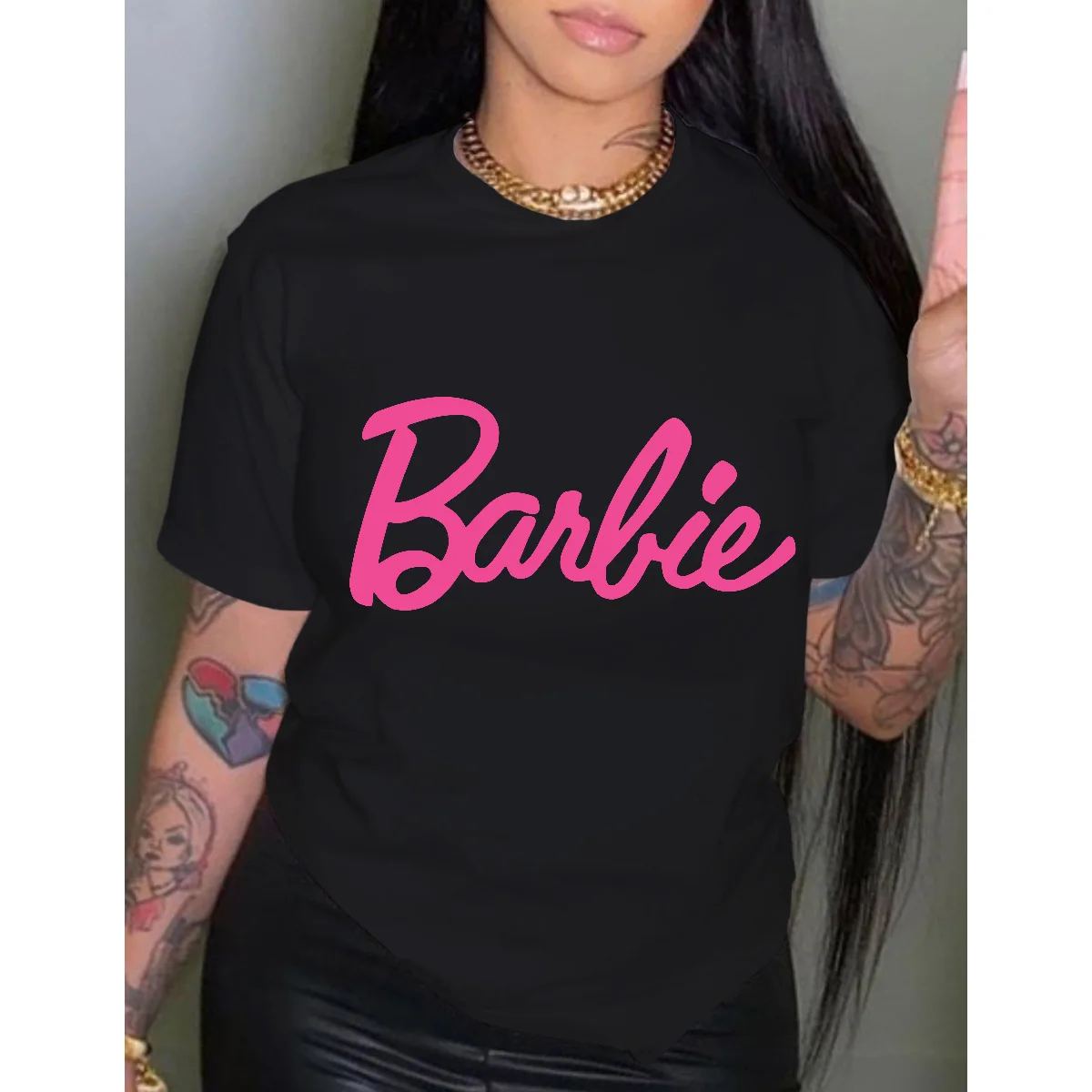 Barbie Short Sleeves Fashion Ladies Printed Pullover Round Neck T-shirt  Y2k Girls Loose Soft Summer Tops Versatile Yoga Clothes